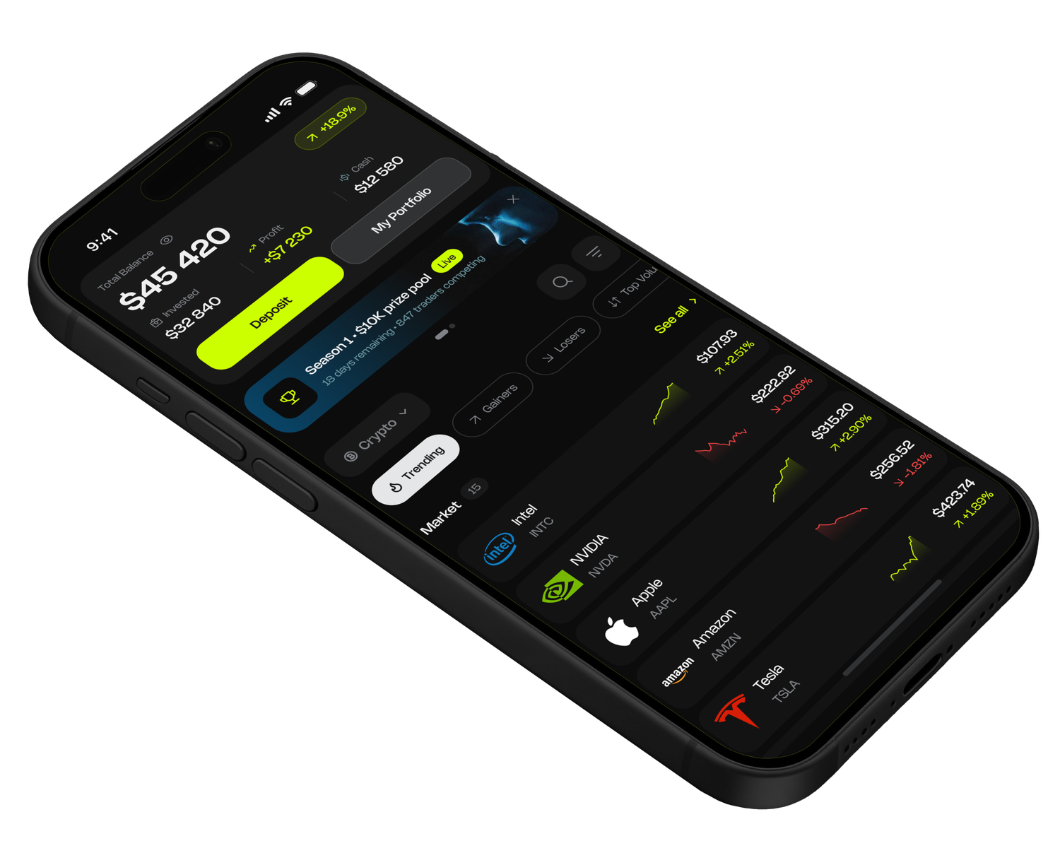 Notch app watchlist with stocks, crypto and teams